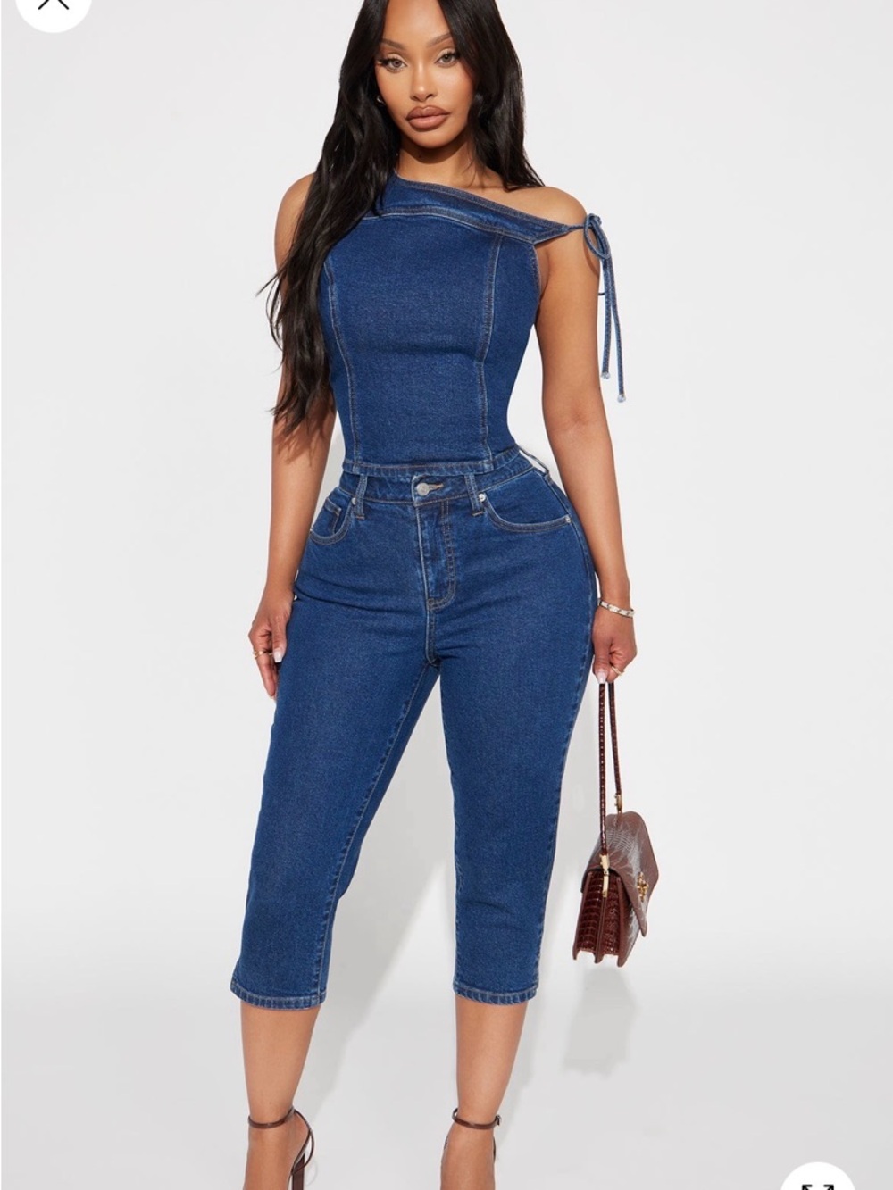 Fashion Nova Blue One-Shoulder Denim Capri Jumpsuit